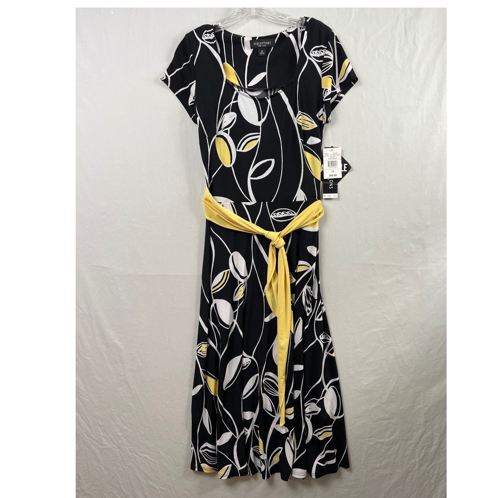 Perceptions Knit Midi Dress Womens 10 Black Yellow Abstract Leaf Tie Waist New